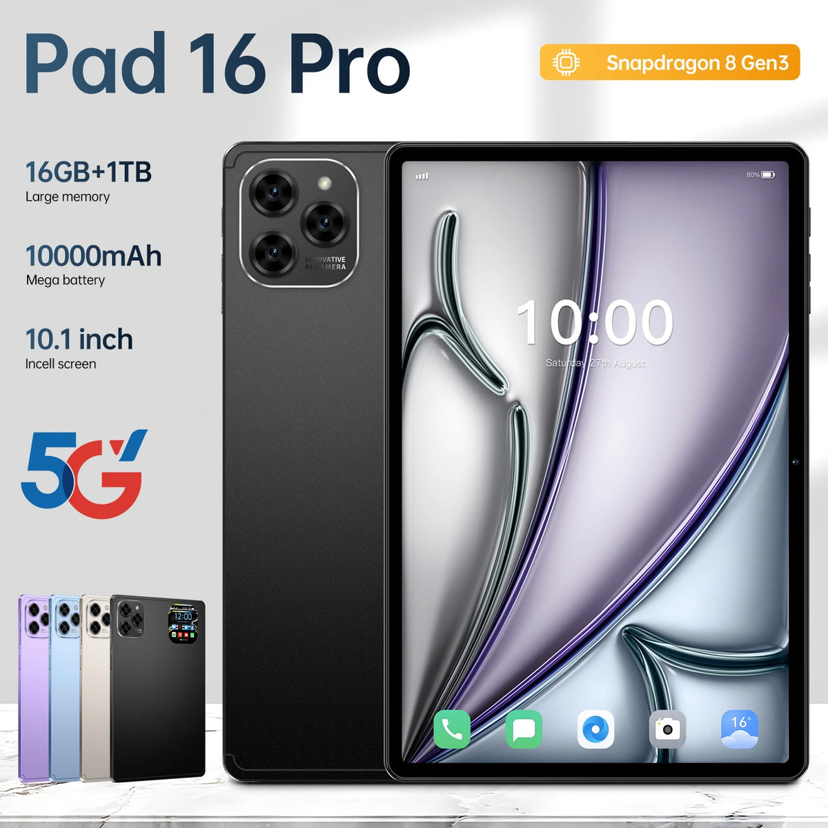 10.1" HD Kids Tablet Pad 16 Pro MTK Octa Core Android15 with Front Camera Wi-Fi 3G 4G+5G 16GB+1TB