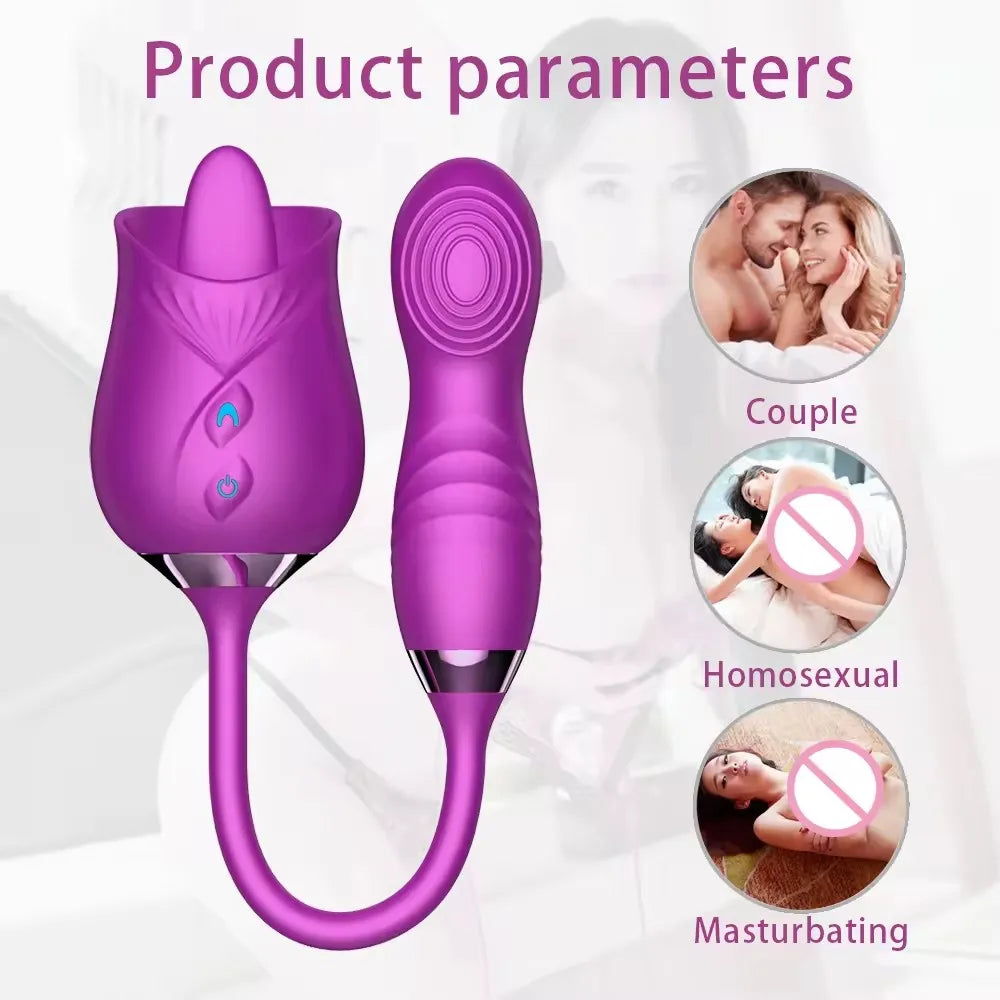2 in 1 Rose Vibrator with Tongue and Dildo Clitoral Licking Vibrator Thrusting Adult Toys for Women