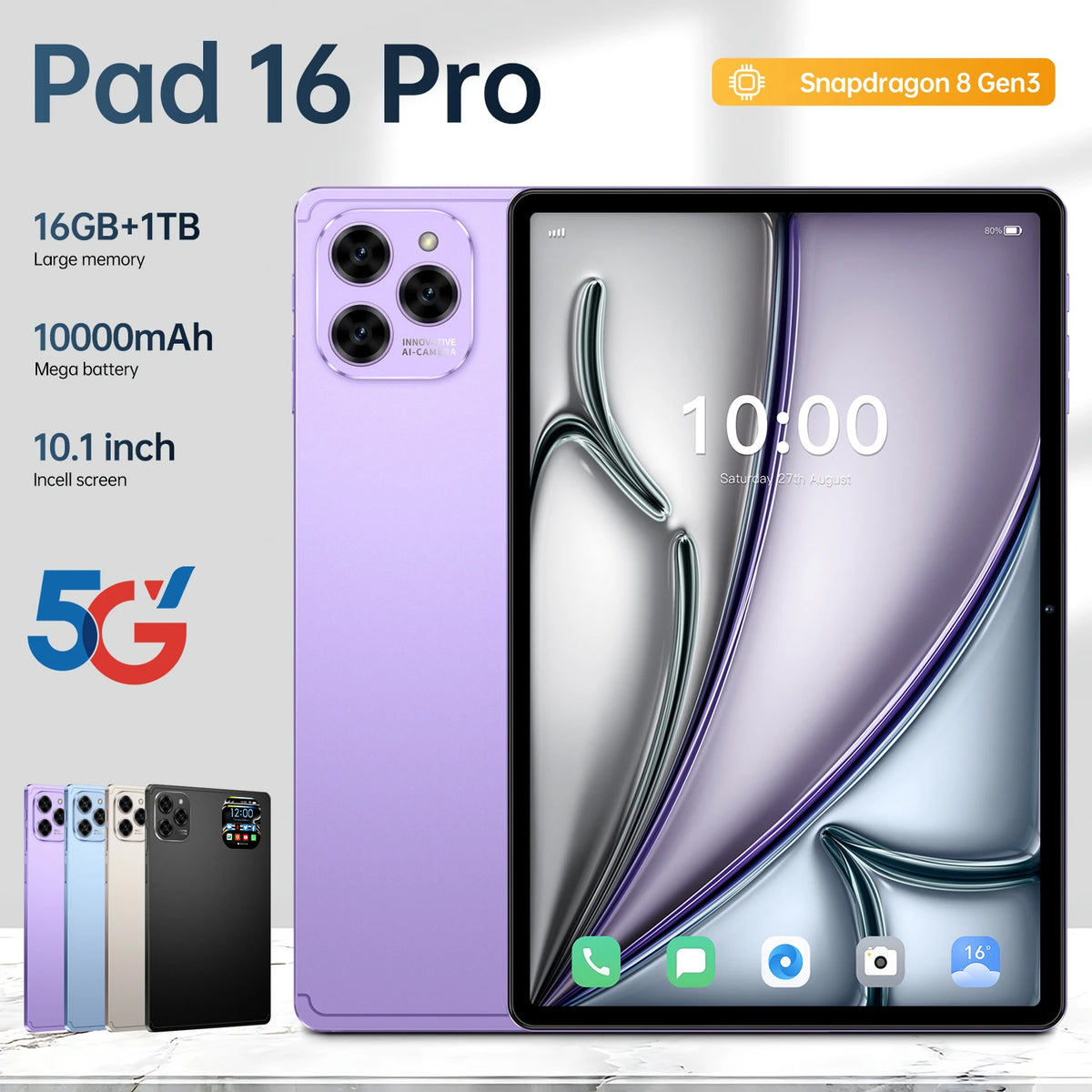 10.1" HD Kids Tablet Pad 16 Pro MTK Octa Core Android15 with Front Camera Wi-Fi 3G 4G+5G 16GB+1TB