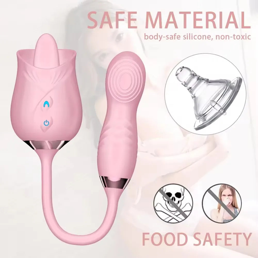 2 in 1 Rose Vibrator with Tongue and Dildo Clitoral Licking Vibrator Thrusting Adult Toys for Women