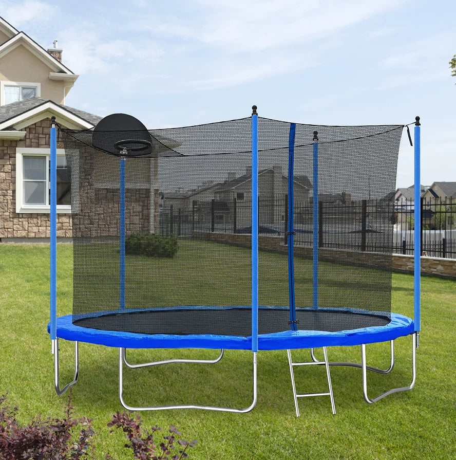 12FT Iron Frame Trampoline Basketball Hoop Safety Enclosure Net-Foldable Water Resistant Outdoor Furniture for Adults Kids