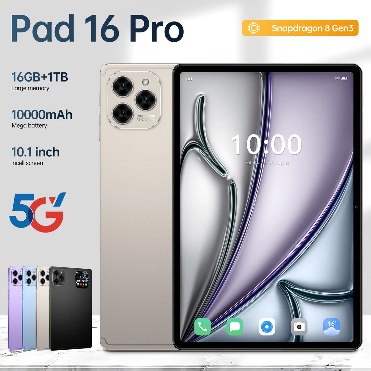 10.1" HD Kids Tablet Pad 16 Pro MTK Octa Core Android15 with Front Camera Wi-Fi 3G 4G+5G 16GB+1TB