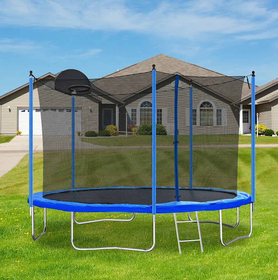 12FT Iron Frame Trampoline Basketball Hoop Safety Enclosure Net-Foldable Water Resistant Outdoor Furniture for Adults Kids
