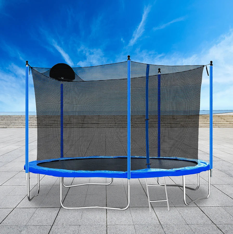 12FT Iron Frame Trampoline Basketball Hoop Safety Enclosure Net-Foldable Water Resistant Outdoor Furniture for Adults Kids