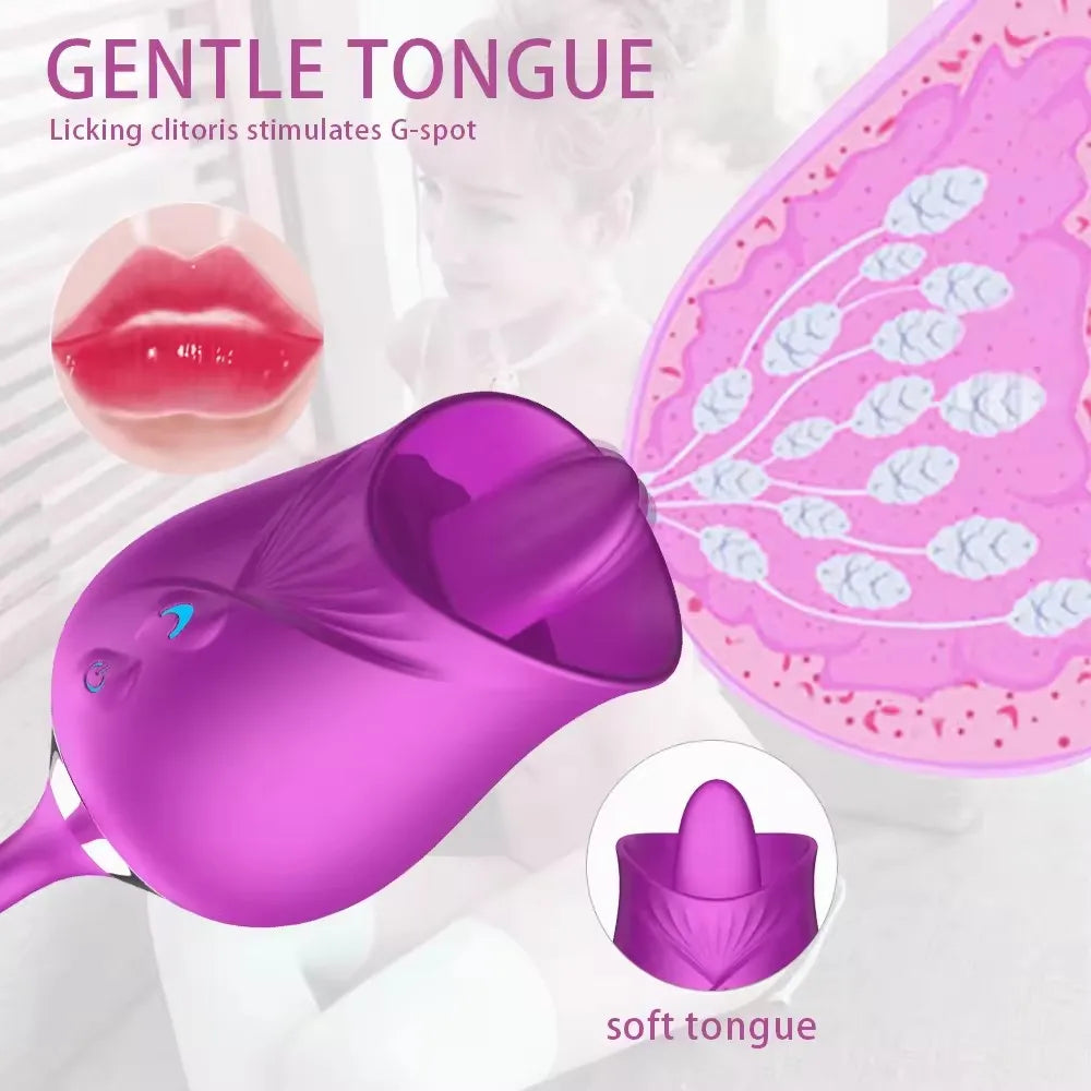 2 in 1 Rose Vibrator with Tongue and Dildo Clitoral Licking Vibrator Thrusting Adult Toys for Women