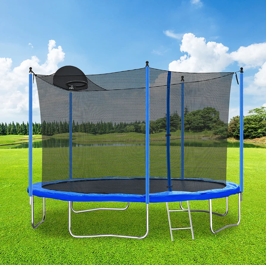 12FT Iron Frame Trampoline Basketball Hoop Safety Enclosure Net-Foldable Water Resistant Outdoor Furniture for Adults Kids