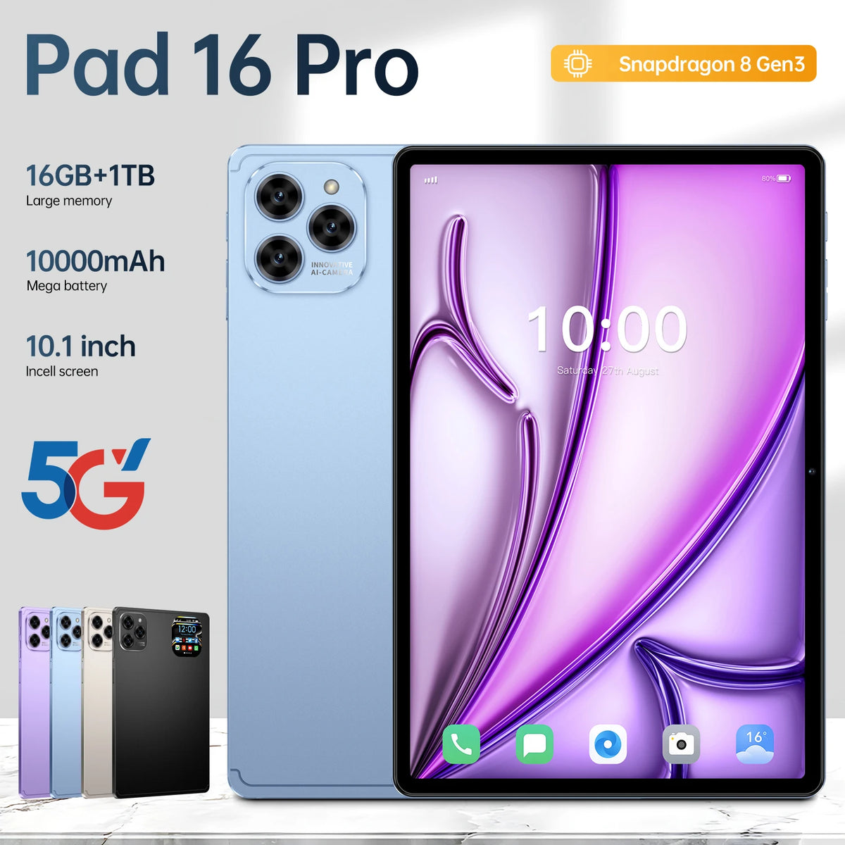 10.1" HD Kids Tablet Pad 16 Pro MTK Octa Core Android15 with Front Camera Wi-Fi 3G 4G+5G 16GB+1TB