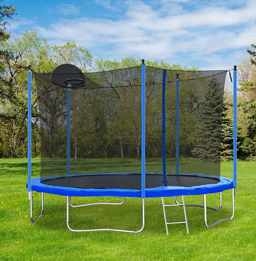 12FT Iron Frame Trampoline Basketball Hoop Safety Enclosure Net-Foldable Water Resistant Outdoor Furniture for Adults Kids
