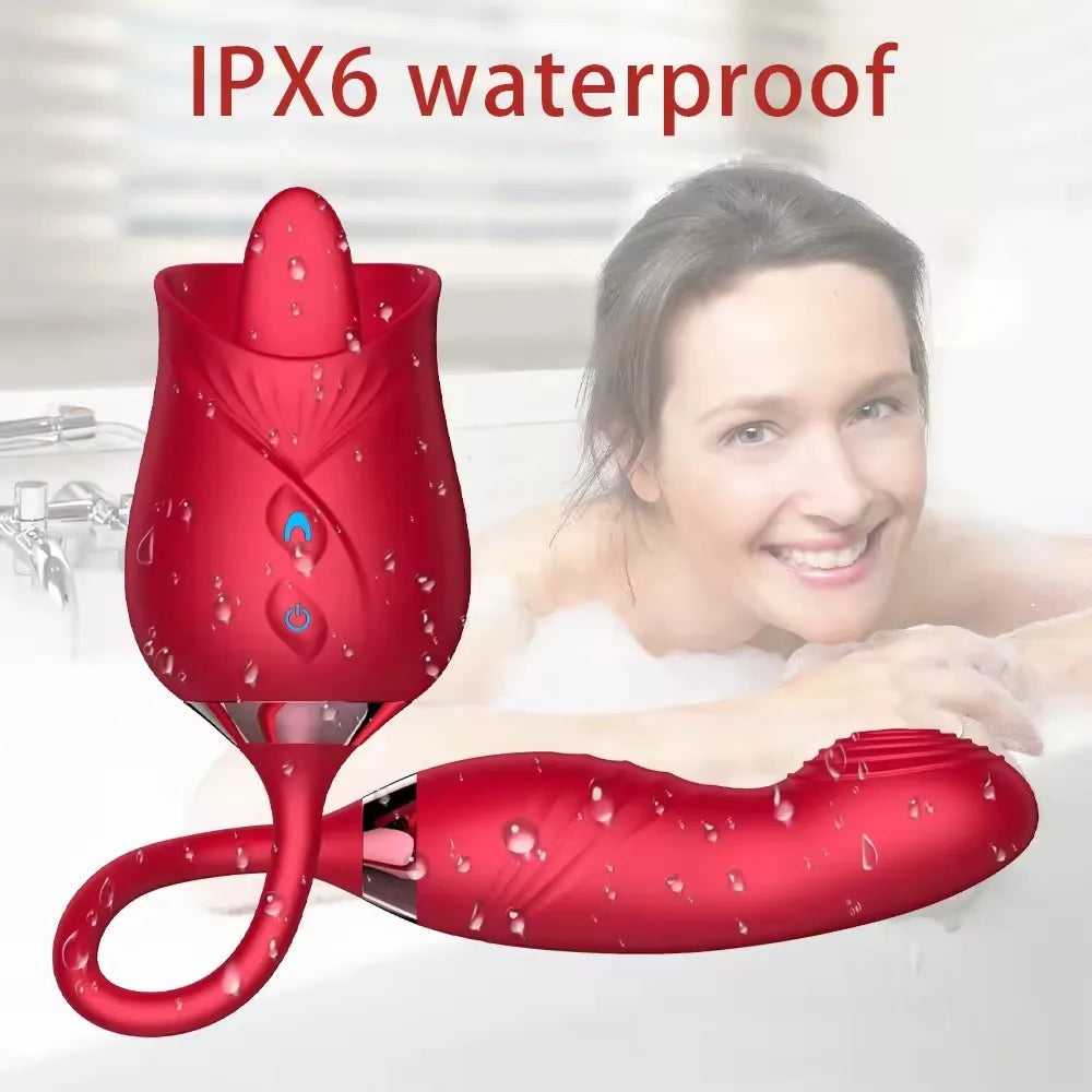 2 in 1 Rose Vibrator with Tongue and Dildo Clitoral Licking Vibrator Thrusting Adult Toys for Women